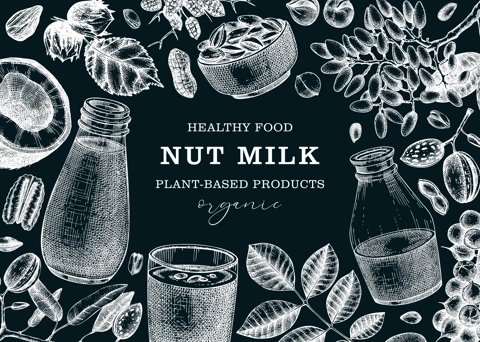 Nut milk, banner design. Pistachio, pecan, walnut, coconut, hazelnut, nut background. Print template for vegan food, healthy drink, dairy products. Vector illustration on chalkboard in sketch style